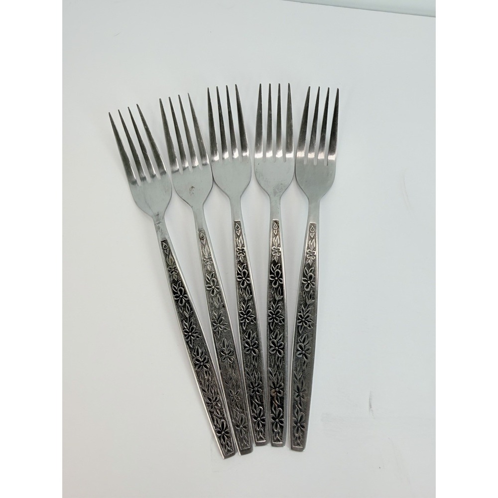 Stanley Roberts La Spana Stainless Embossed Flowers Lot of 5 Dinner Forks